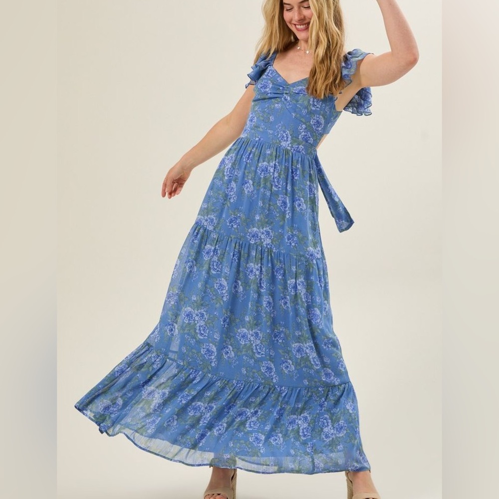 Altar'd State Blue Ruffled Smocked Maxi Dress